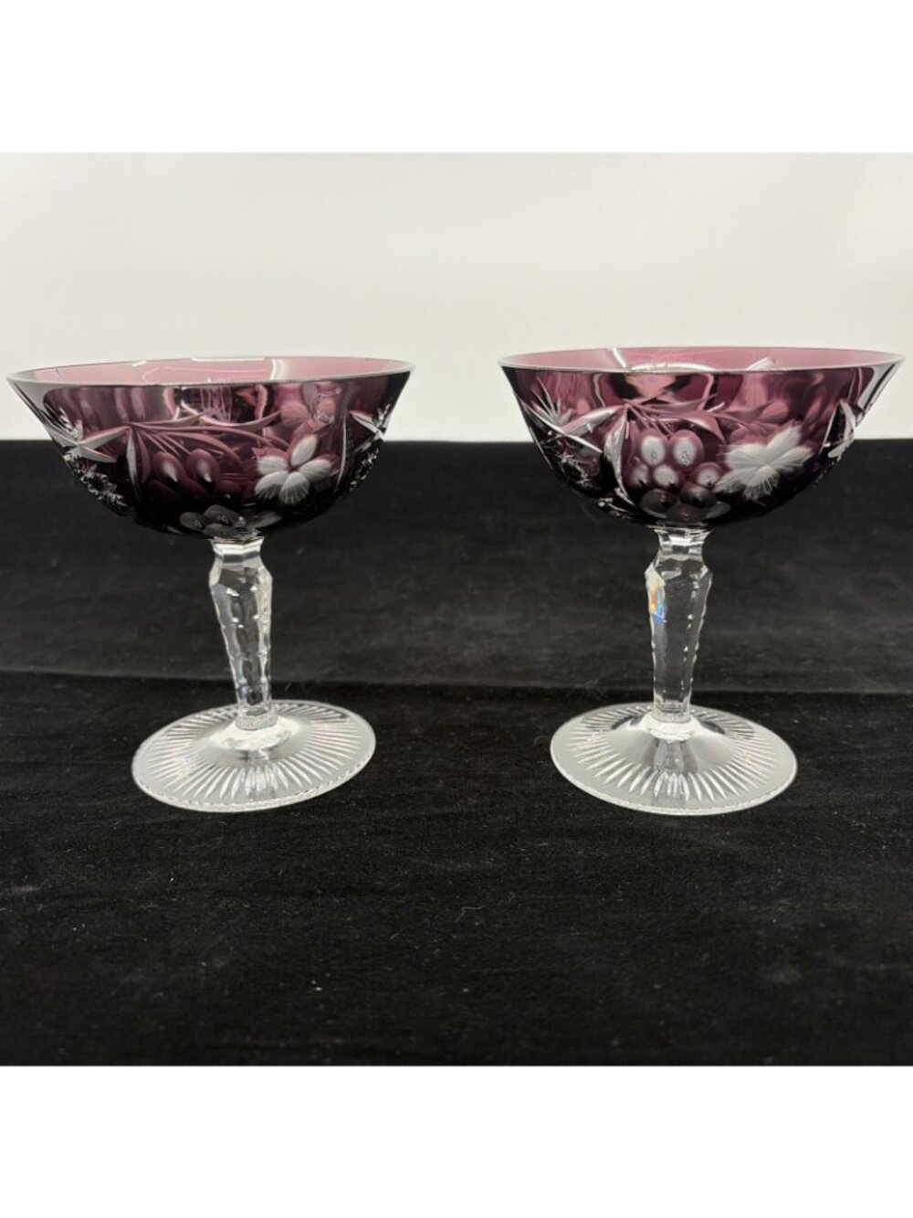Vintage Ajka Marsala Amethyst Cut to Clear Sherbet Champagne Coupe Set of 2 4.75 - Picture 2 of 8